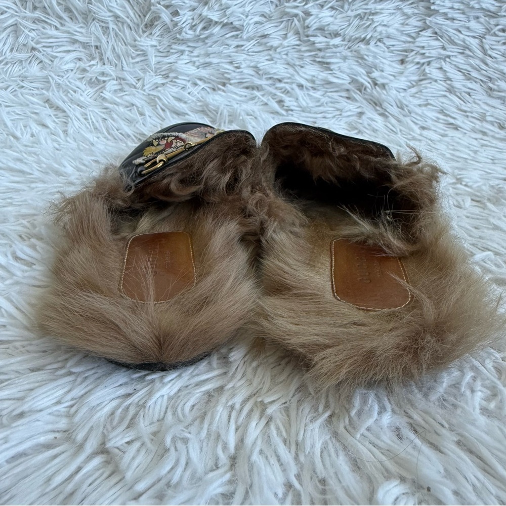 Gucci Princetown Black Leather Mules with Fur and Roaring Tiger Size 38 - Picture 10 of 12